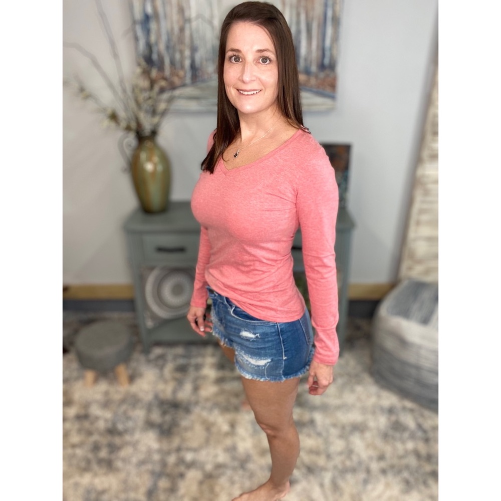 β€οΈβπ₯V-Neck Long Sleeve Basic Slimming Top Marbled Red 1222 - Picture 11 of 12